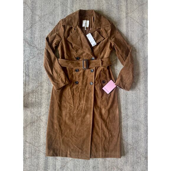 Avec Le Filles Velvet Belted Trench Coat Double-Breasted Brown Womens Small - Picture 1 of 16